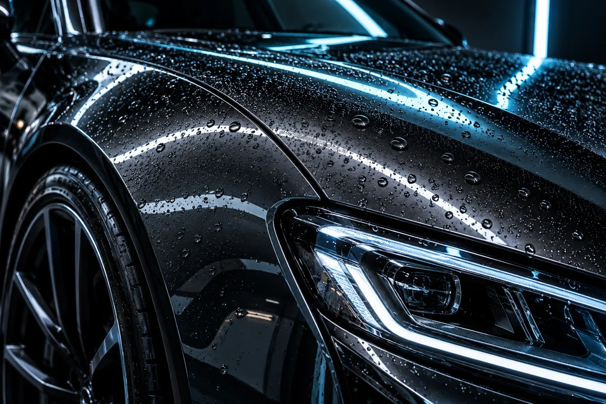 Illustrative close-up of water beads on glossy graphite vehicle paint